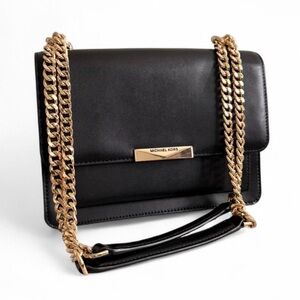 Michael Kors ~ Jade Large Gusset Black Shoulder Bag with Gold Chain